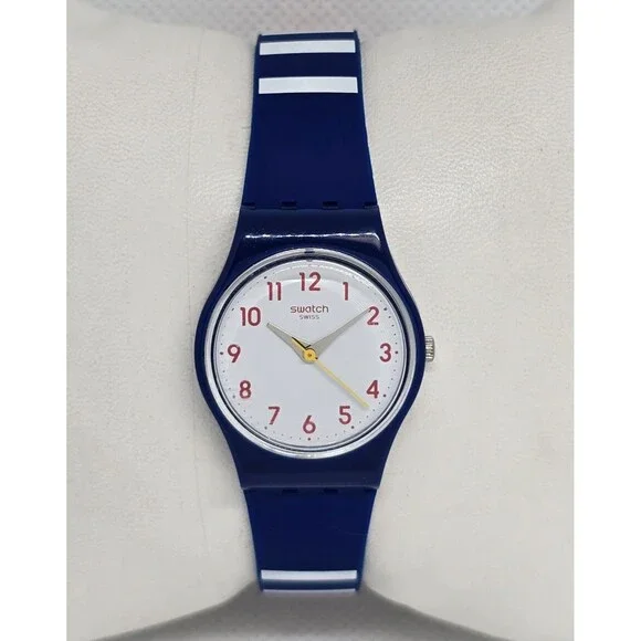 Women's Swatch Swiss Round White Dial Blue White Blue Red Rubber Strap Watch 04 - Picture 1 of 8